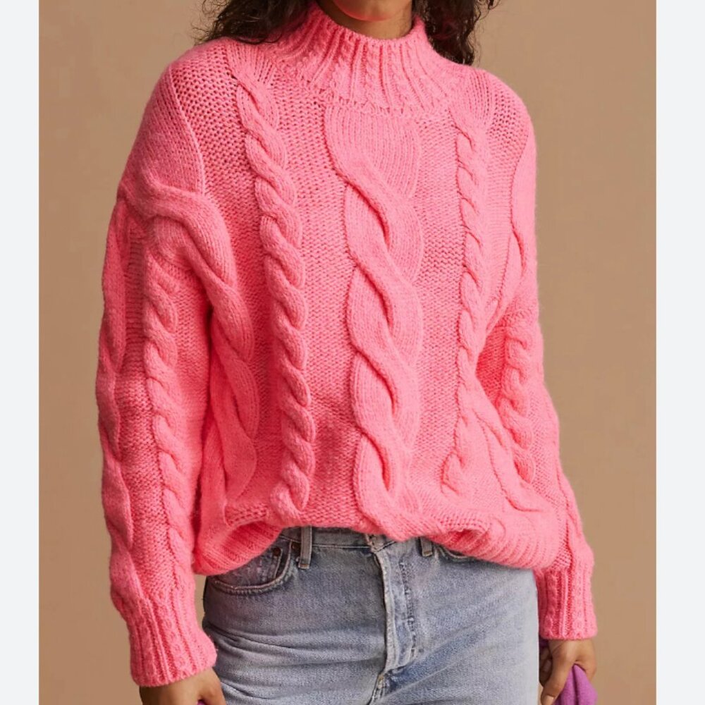 ANTHROPLOGIE Size Medium Vibrant Coquette Cable Knit Mock Neck Neon Pink Sweater